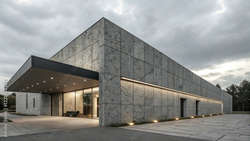 Minimalist Industrial Building Showcasing Granite Facade and Glass Entrance