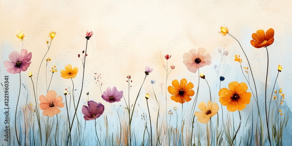Obraz premium Vibrant Spring Garden with Colorful Wildflowers and Soft Pastel Background for Beautiful Nature Decor