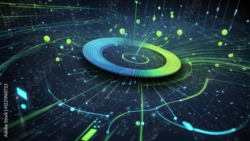 Abstract digital data visualization with glowing green and blue lines converging on a central circular node.