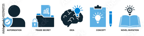 Collection of intellect property icons in vector format showcasing symbols like brain, light bulb, gears and patents. Ideal for education, innovation and intellectual themes.