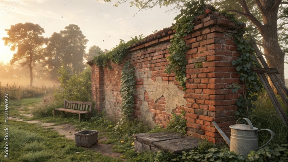 Naklejka premium Rustic Red Brick Wall Surrounded by Ivy in Misty Garden at Sunrise