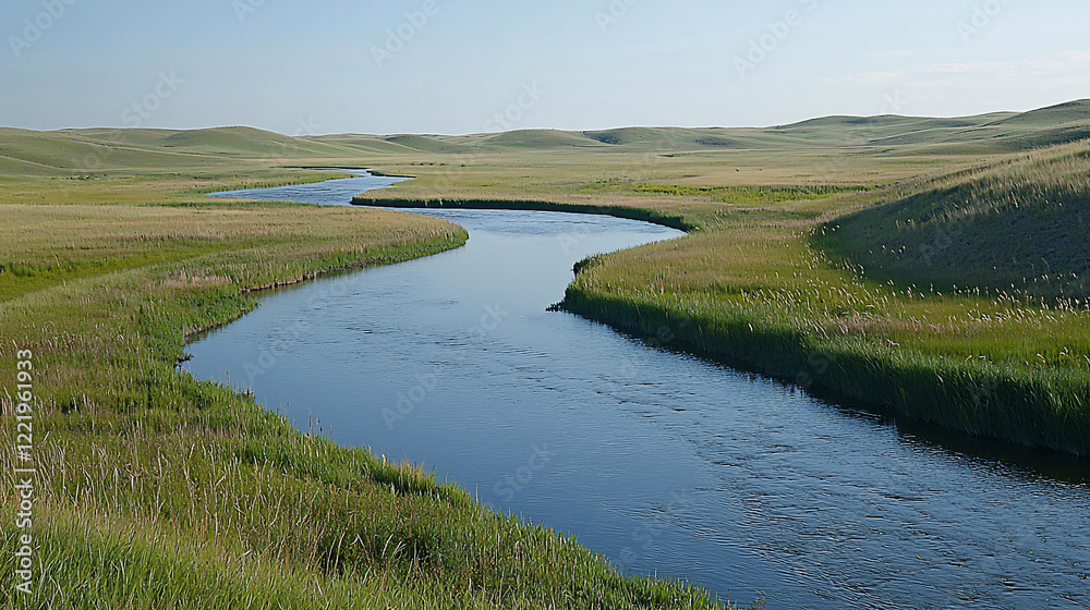 Serene river winding through lush green fields under a clear blue sky, showcasing nature's tranquility Serene river winding through lush green fields under a clear blue sky, showcasing nature's tranquility