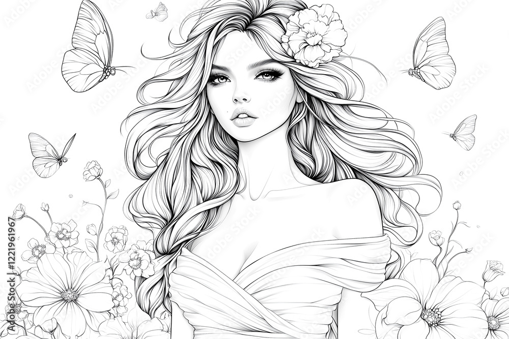 A woman with long hair and a flower in her hair is surrounded by butterflies. The image has a whimsical and playful mood, with the butterflies adding a sense of lightness and joy to the scene A woman with long hair and a flower in her hair is surrounded by butterflies. The image has a whimsical and playful mood, with the butterflies adding a sense of lightness and joy to the scene