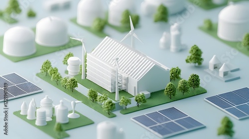 Futuristic eco friendly industrial zone with clean green technology and renewable energy sources powering the modern sustainable factories  solar panels