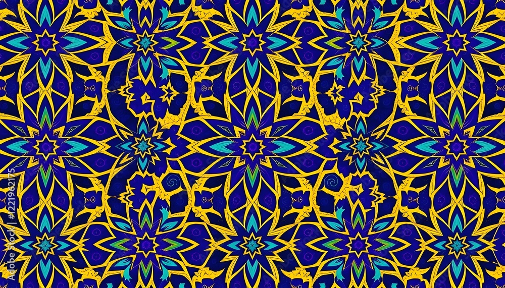Intricate Blue and Gold Floral Kaleidoscope Pattern Intricate Blue and Gold Floral Kaleidoscope Pattern