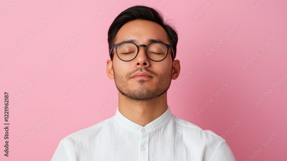 A calm and focused man with glasses, eyes closed, reflecting peace and mindfulness against a soft pink background, embodying tranquility and self-awareness. A calm and focused man with glasses, eyes closed, reflecting peace and mindfulness against a soft pink background, embodying tranquility and self-awareness.