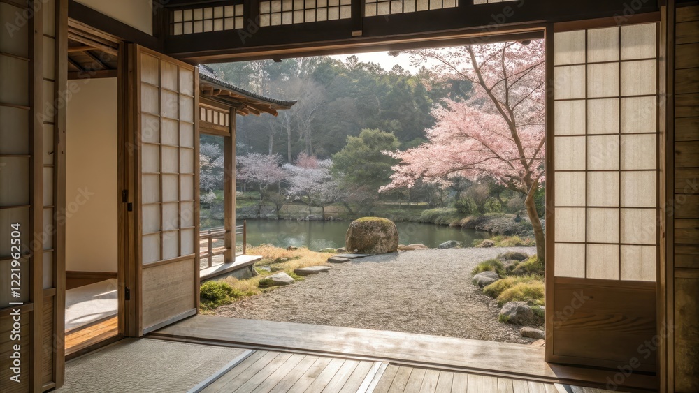 Fototapeta premium Shoji Screen Doors Frame Serene Japanese Garden with Cherry Blossoms