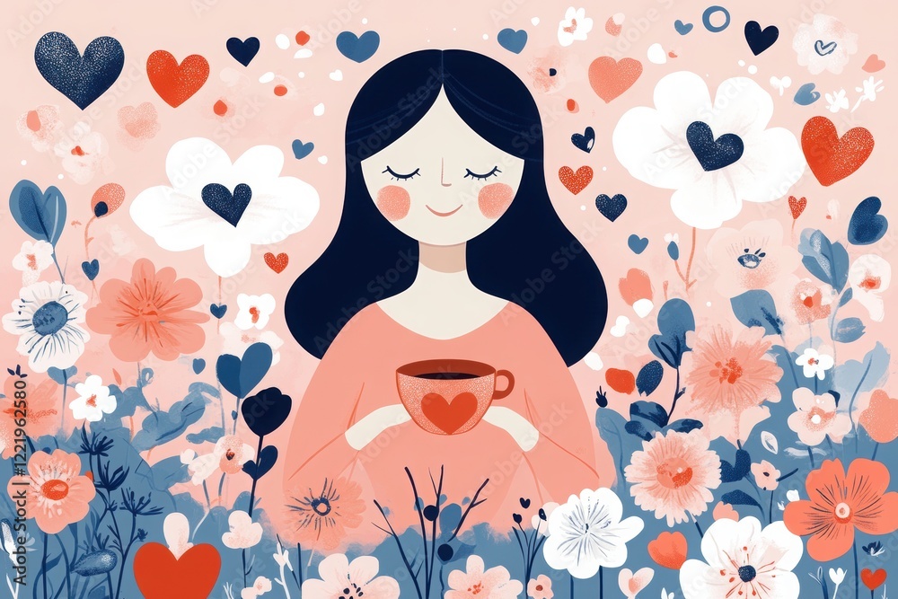 Fototapeta premium A cheerful illustration of a girl holding a heart-shaped coffee cup surrounded by colorful flowers and hearts, radiating a warm, loving vibe.