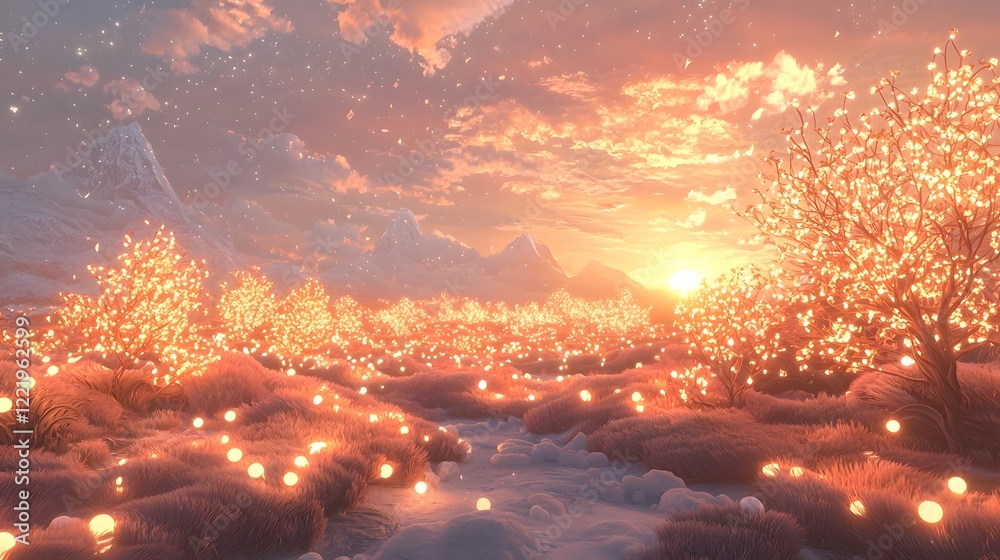 Glowing Festive Chinese New Year Landscape Featuring Radiant Golden Trees and Mountains Bathed in the Warm Vibrant Light of a Setting Sun  Serene and Enchanting Dreamlike Scenery