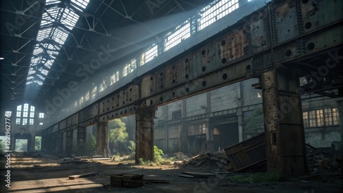 Sunbeams Illuminate Dust Motes in a Derelict Industrial Building