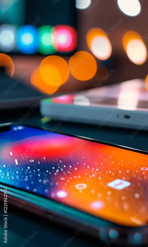 Close-up of smartphones with vibrant screens and blurred lights Close-up of smartphones with vibrant screens and blurred lights