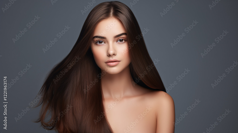 Fototapeta premium A beautiful woman with long straight brown hair, touching her hair, in a beauty parlour.