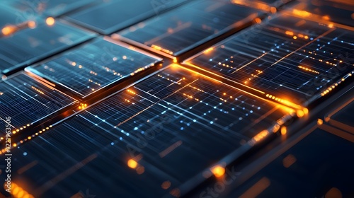 Innovative of solar and wind energy with a glowing interconnected digital data grid system showcasing a futuristic clean and sustainable energy concept in a 3D