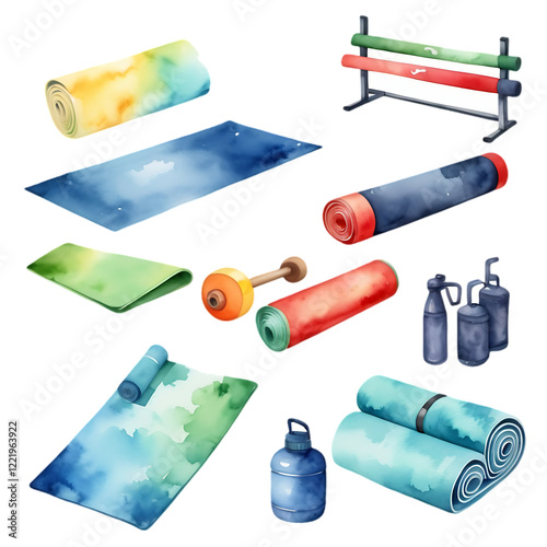 Colorful Yoga Mats and Fitness Equipment Watercolor Illustration photo