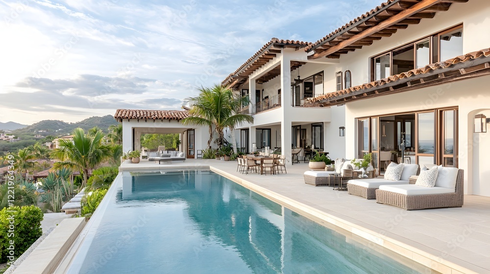 Fototapeta premium Luxurious oceanfront villa nestled in a prime location featuring a breathtaking sunset view and meticulously designed high end interiors that exude an atmosphere of exclusivity and sophistication