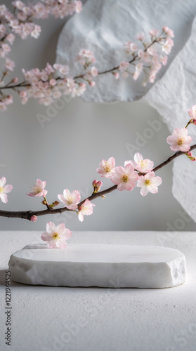 Elegant spa advertisement showcasing premium beauty products with white marble stone and sakura blossoms in a tranquil natural setting Realistic 3D Podium for Mockup