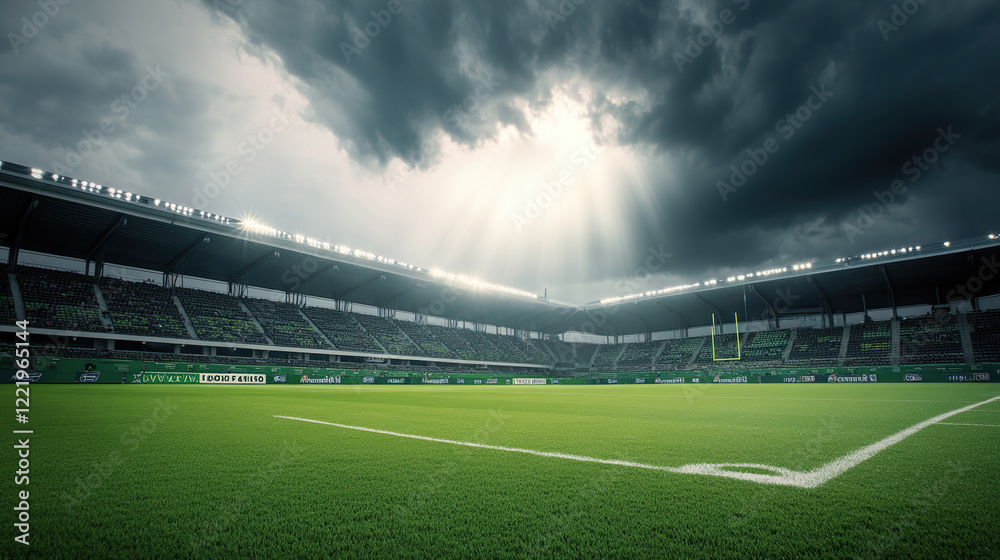 Fototapeta premium Empty football stadium under dramatic sky, showcasing solitude and anticipation in sports, symbolizing moments of pause before the roar of the crowd returns.