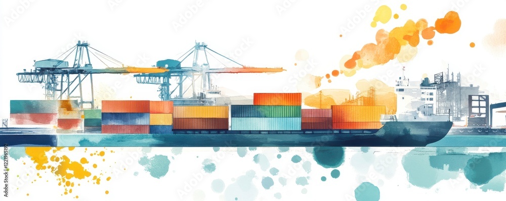 A colorful illustration of a cargo ship at a port, loaded with containers, showcasing cranes and vibrant splashes of color.