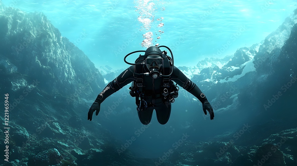 Scuba diver emerging from the depths of the underwater world surrounded by dramatic rocky cliffs and a serene azure seascape This captivating image showcases the thrill and mystery of deep sea Scuba diver emerging from the depths of the underwater world surrounded by dramatic rocky cliffs and a serene azure seascape This captivating image showcases the thrill and mystery of deep sea