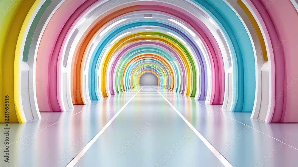 Colorful archway tunnel, futuristic design, vibrant background, pathway to possibilities, ideal for fantasy or children's book illustrations Colorful archway tunnel, futuristic design, vibrant background, pathway to possibilities, ideal for fantasy or children's book illustrations