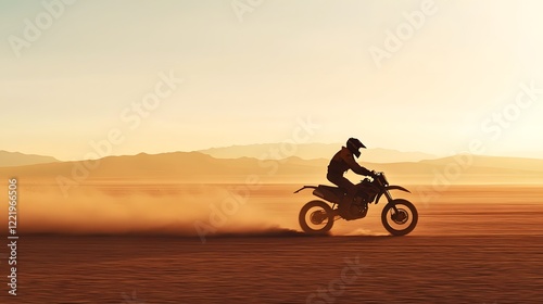 Silhouetted off road motorcycle rider kicking up a trail of dust as they jump over vast desert dunes at sunset with a dramatic landscape in the background