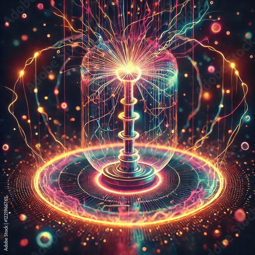 illustration of glowing liquid substance in hologram spectral color palette make tesla coil power surge. Generative Art