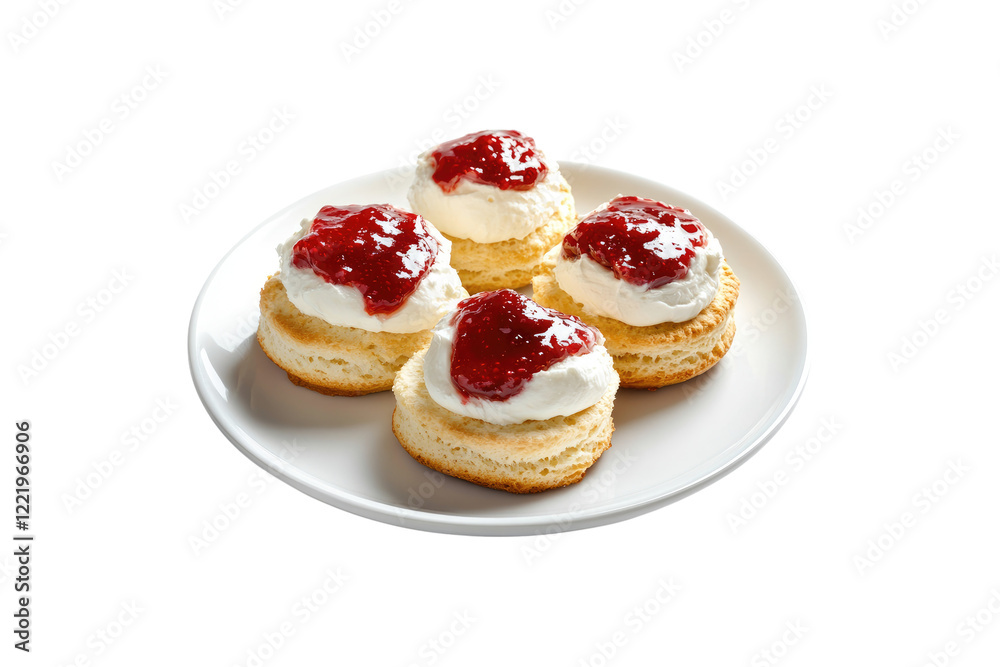 Traditional scones with clotted cream and strawberry jam isolated on white or transparent, PNG Traditional scones with clotted cream and strawberry jam isolated on white or transparent, PNG