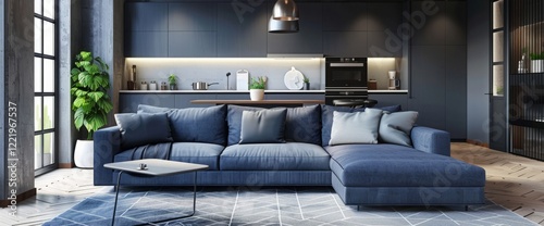 large bright sofa on background of adecorative wall and kitchen photo