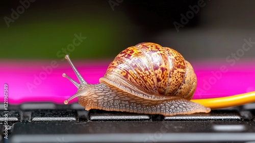 Slow internet speed, snail on keyboard, pink background, office work photo