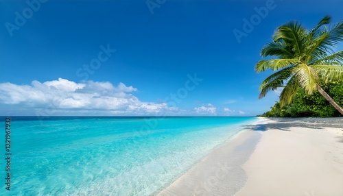  Design a vibrant tropical beach scene with crystal-clear turquoise waters, white sandy shore( photo