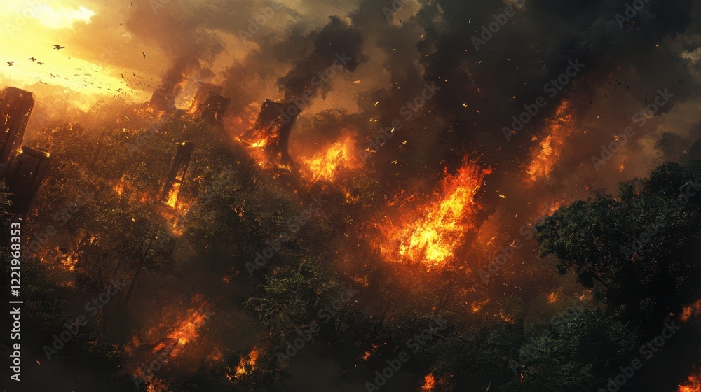 Naklejka premium Raging forest fire consuming trees, with intense orange flames and heavy smoke rising to the sky.