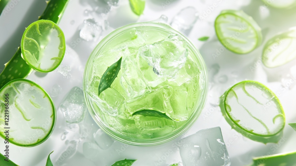 Obraz premium Refreshing aloe gel in a transparent jar surrounded by sliced aloe vera leaves on a spa-inspired background.