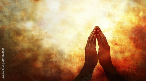 Create an abstract background featuring the image of hands in prayer against a soft, glowing light.