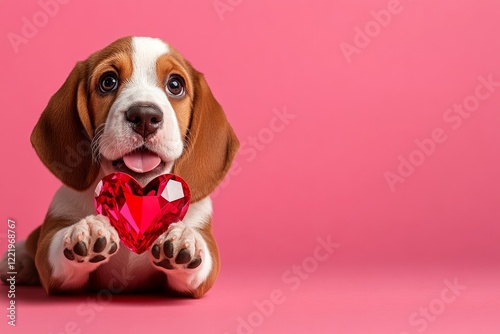 Petit basset griffon vendÃ©en - my preferred dog. Cute petit basset griffon vendÃ©en dog with diamond red heart - emblem of love, funny greeting card. Commercial idea creative design idea. photo