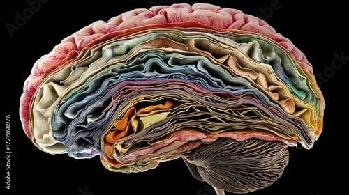 Create an abstract representation of the brain's cortex layers, using different colors and textures for each layer.