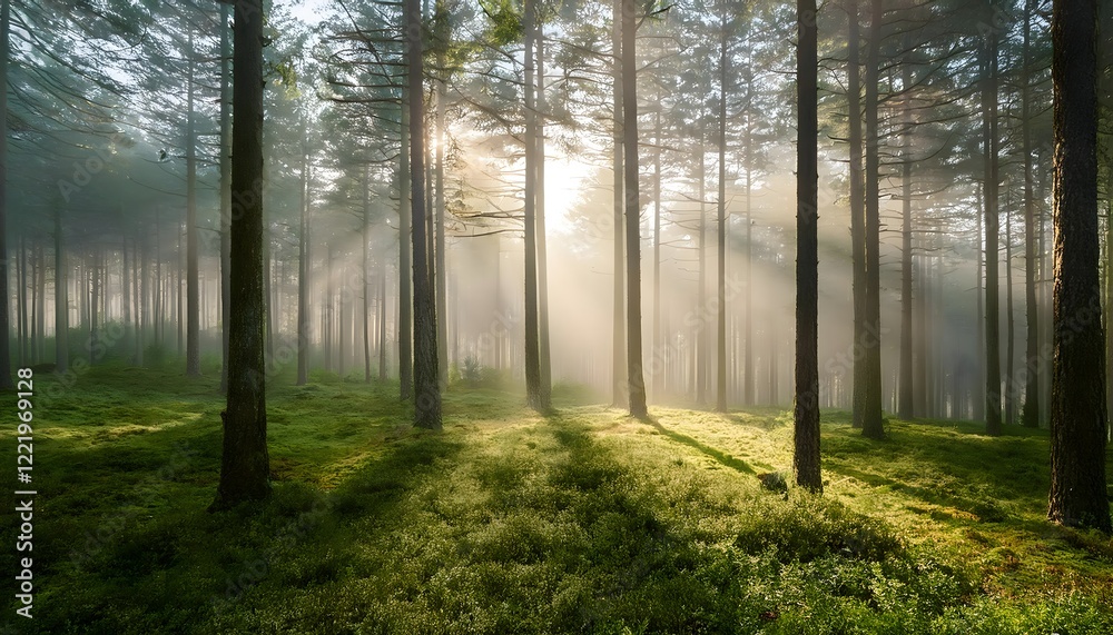 Obraz premium A mystical forest shrouded in soft morning fog, with sunlight streaming.