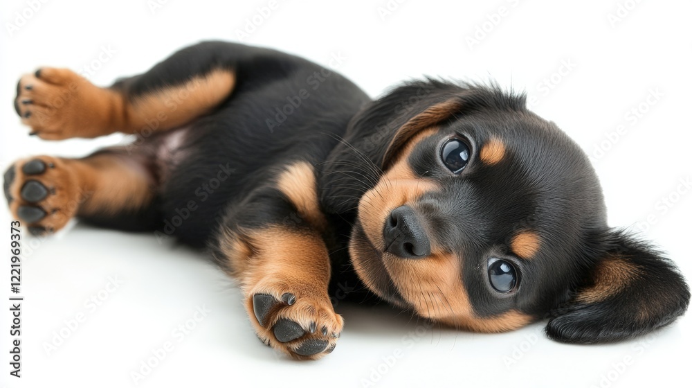 A playful dachshund puppy rolling on its back on a clean white surface, looking happy and carefree A playful dachshund puppy rolling on its back on a clean white surface, looking happy and carefree