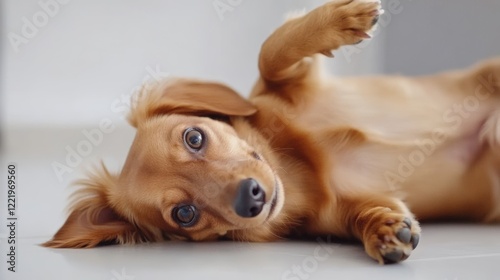 A playful dachshund rolling on its back, showcasing its short legs and playful nature on a white floor photo