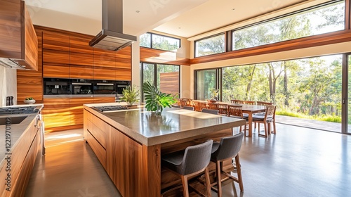 Wallpaper Mural Modern Kitchen Featuring Expansive Island with Ample Counter Space and Elegant Dining Table Surrounded by Stylish Chairs Creating a Warm and Inviting Culinary Atmosphere for Families Torontodigital.ca