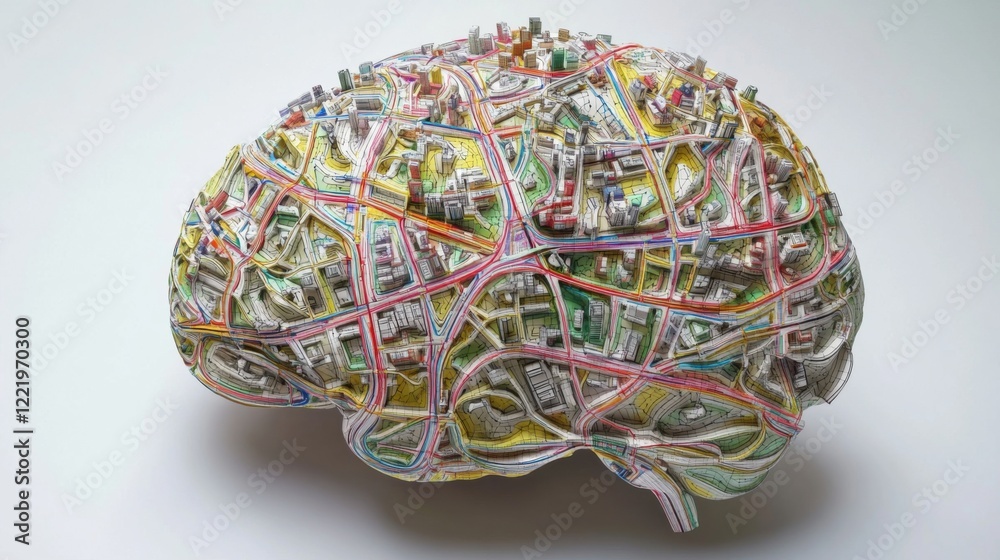 A brain made of interconnected city maps and transportation routes, Innovation scene, Geographical style A brain made of interconnected city maps and transportation routes, Innovation scene, Geographical style