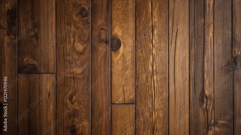 Naklejka premium Rustic Wooden Planks with Natural Grain Texture. Close-up of beautifully aged wooden planks showcasing rich, natural grain and warm, earthy tones, perfect for rustic and vintage designs