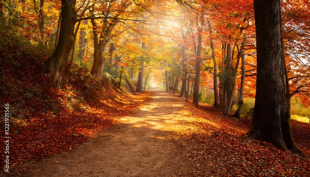 Obraz premium A peaceful autumn pathway covered in golden, orange, and red leaves.