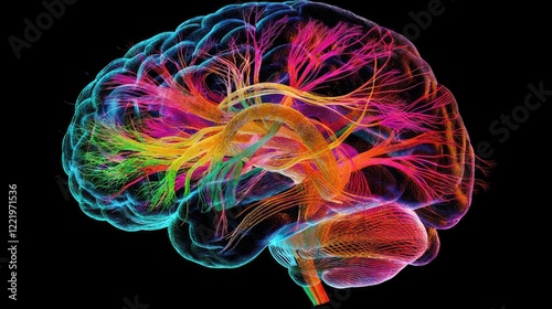 Illustrate a map of the brain's neural connections, using abstract forms and bright colors to represent different regions.
