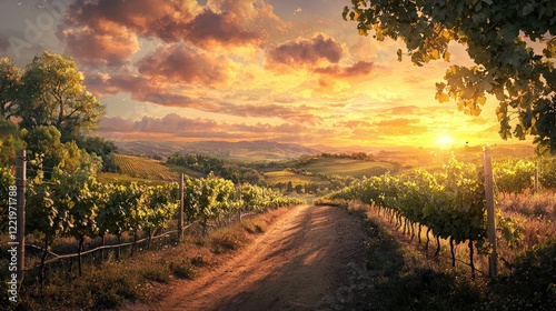 Illustrate a tranquil vineyard at sunset, representing abundance and the fruits of faith.