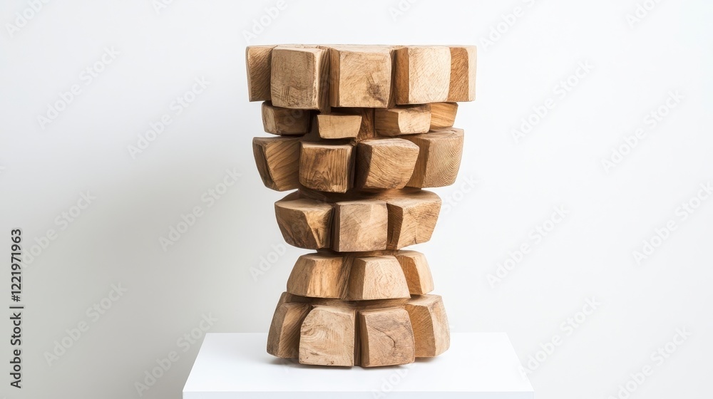 Unique Wooden Sculpture with Geometric Shapes and Natural Finish Unique Wooden Sculpture with Geometric Shapes and Natural Finish