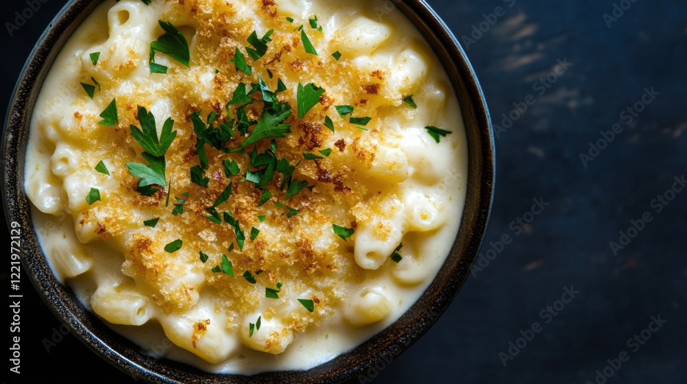 A bowl of creamy mac and cheese with a golden, crispy top and a sprinkle of fresh parsley, Centered in a minimalist ceramic bowl A bowl of creamy mac and cheese with a golden, crispy top and a sprinkle of fresh parsley, Centered in a minimalist ceramic bowl