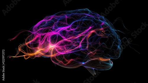 Illustrate brain waves as colorful lines and shapes, representing active thought and neural processes.