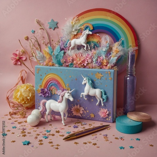  Illustrate a whimsical stationery set with fantasy elements like unicorns, rainbows, and glitter.