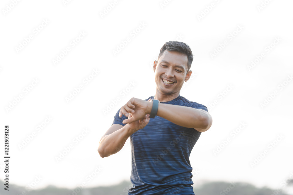 Fototapeta premium A male athlete enjoys a morning run in the park, smiling and exercising outdoors. Embracing fitness and happiness, he maintains a healthy lifestyle, feeling energized and positive in nature.