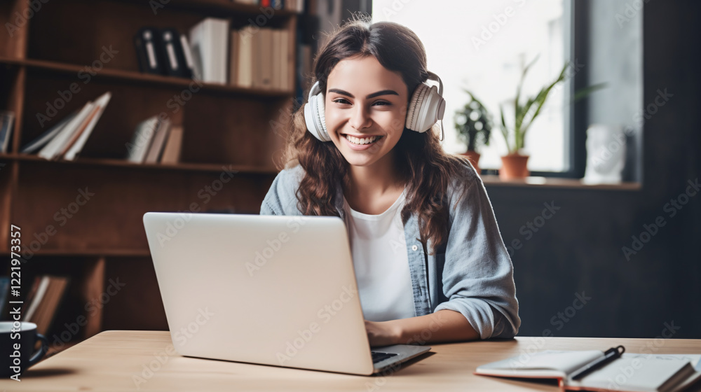 A happy 23-year-old girl with medium-length brown hair, working as a corporate employee using a laptop.
A happy 23-year-old girl with medium-length brown hair, working as a corporate employee using a laptop.